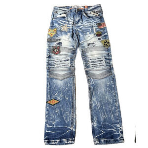 OSTAKT Denim Blue Jeans Distressed American Flag Patched 30x32